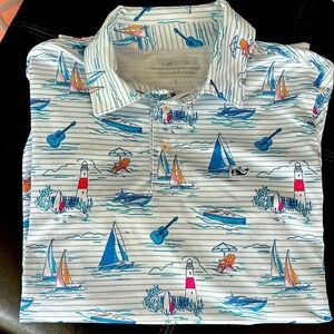Vineyard Vines On the Go Sankaty Polo L Coastal Nantucket Boat Lighthouse Blue